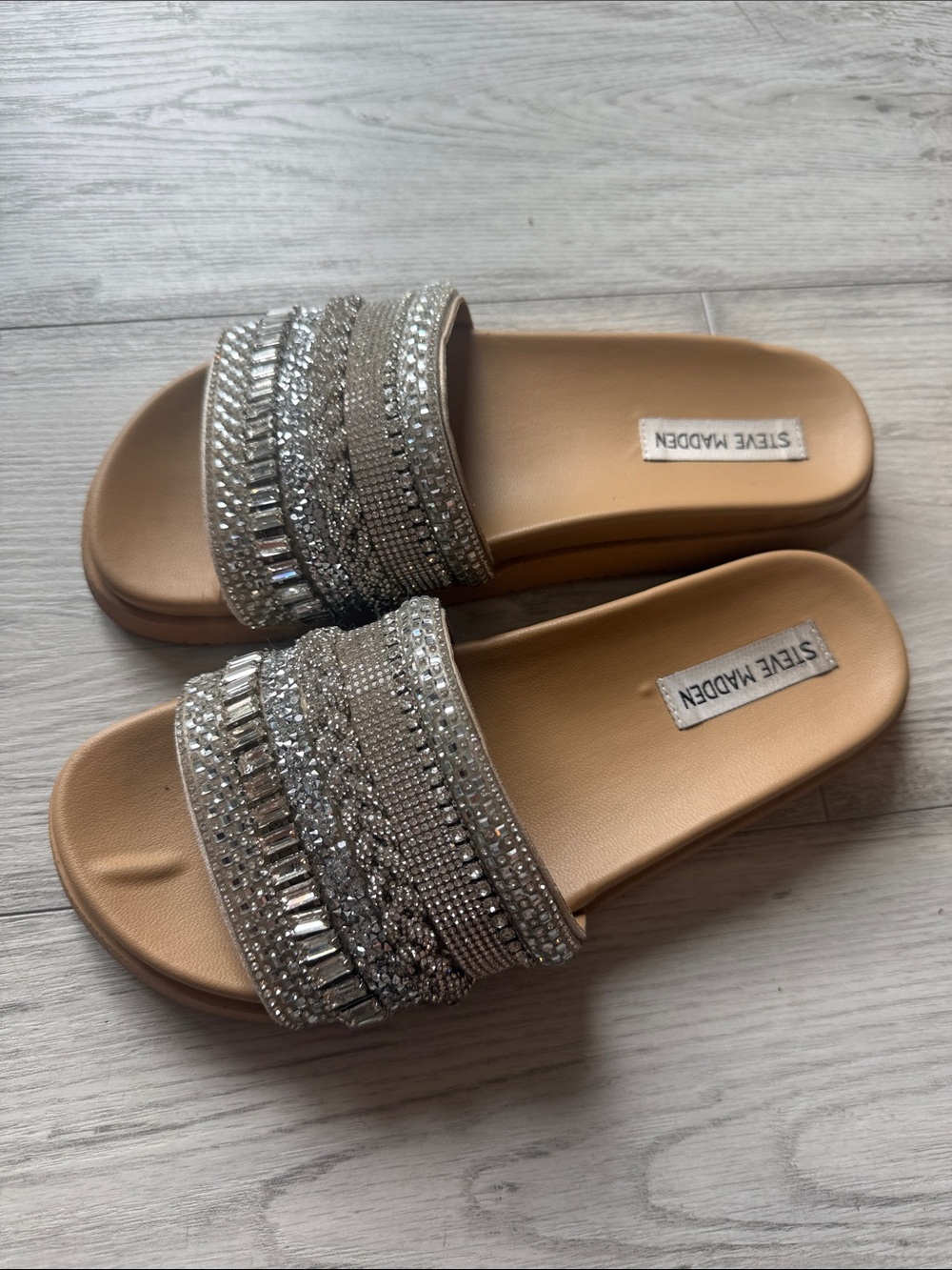 Steve Madden Jeweled Slide Sandals in Silver and Tan